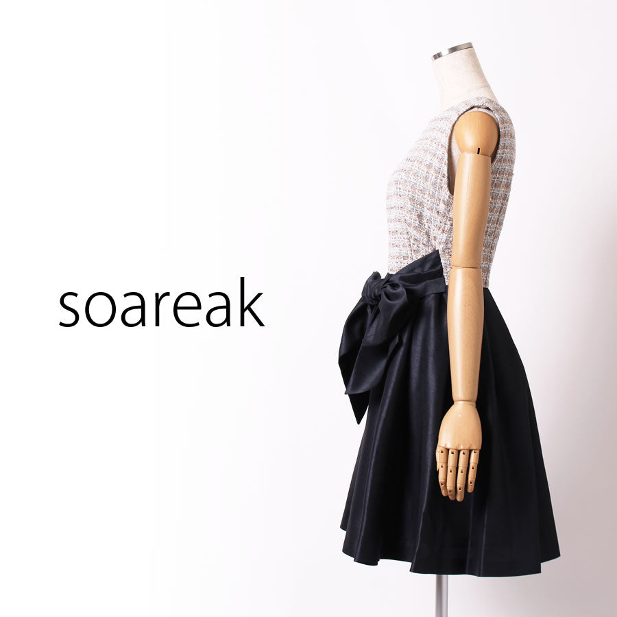 ツイード&シャンタン フロントリボン ドッキングワンピース(Mサイズ/ベージュ/soareak(ソアリーク))USED