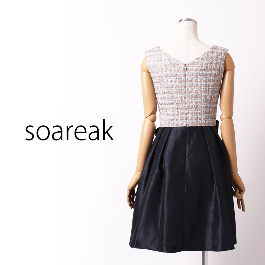 ツイード&シャンタン フロントリボン ドッキングワンピース(Mサイズ/ベージュ/soareak(ソアリーク))USED