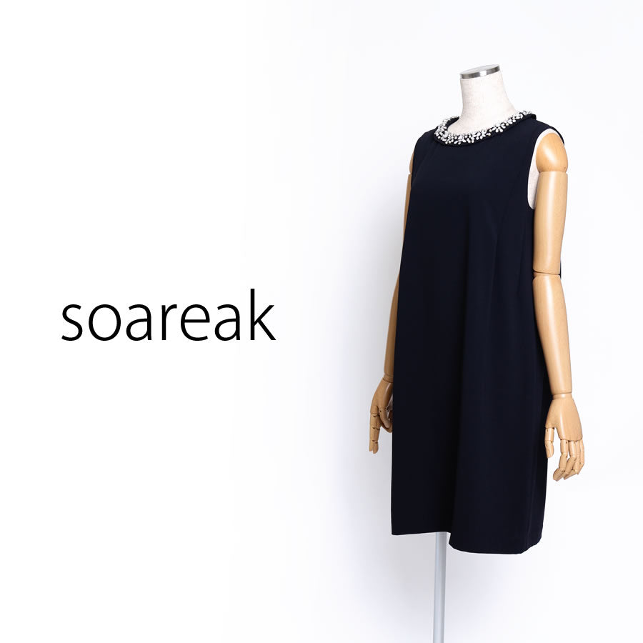 ビジュー付 サックワンピース(Mサイズ/ネイビー/soareak(ソアリーク))