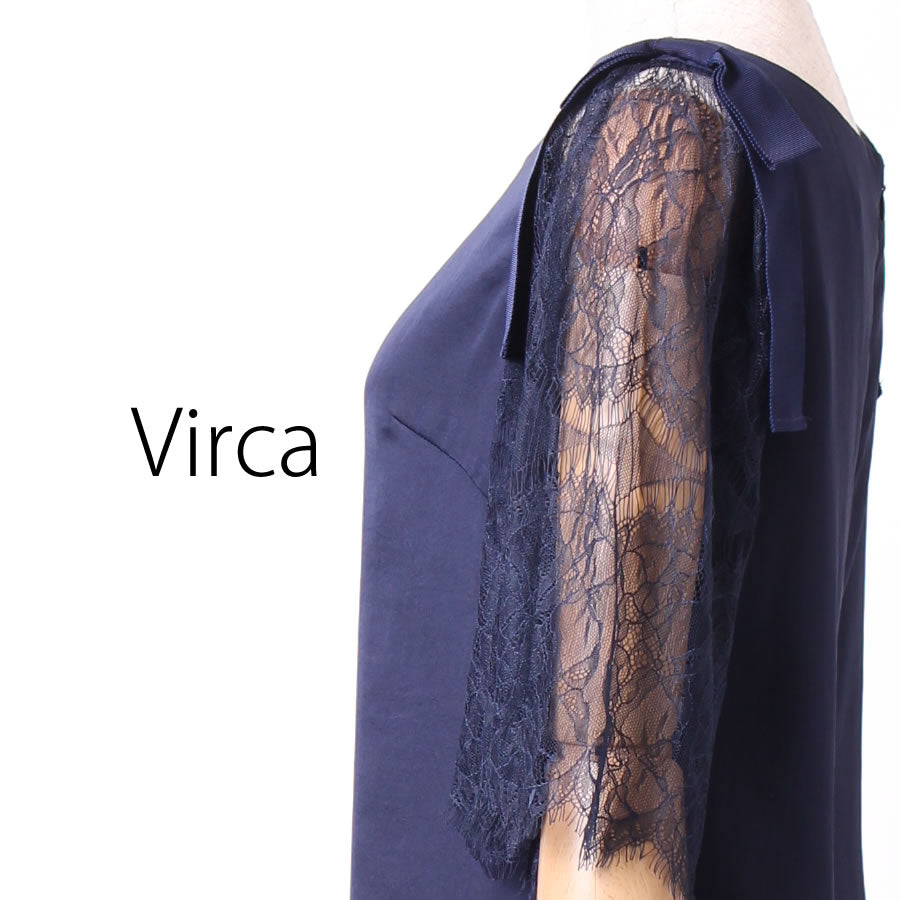 袖リボン レースワンピース(Fサイズ/ネイビー/Virca(ヴィルカ))USED