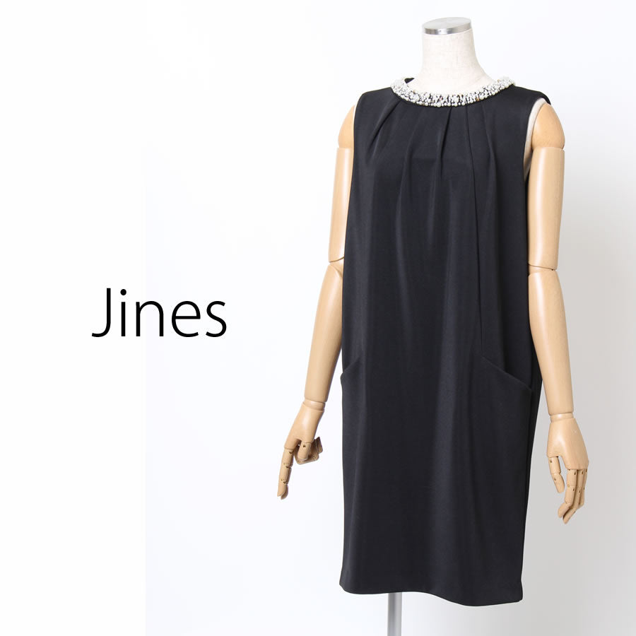 グログランカットソー 襟ビジュードレス(Mサイズ/ブラック/Jines(ジネス))USED
