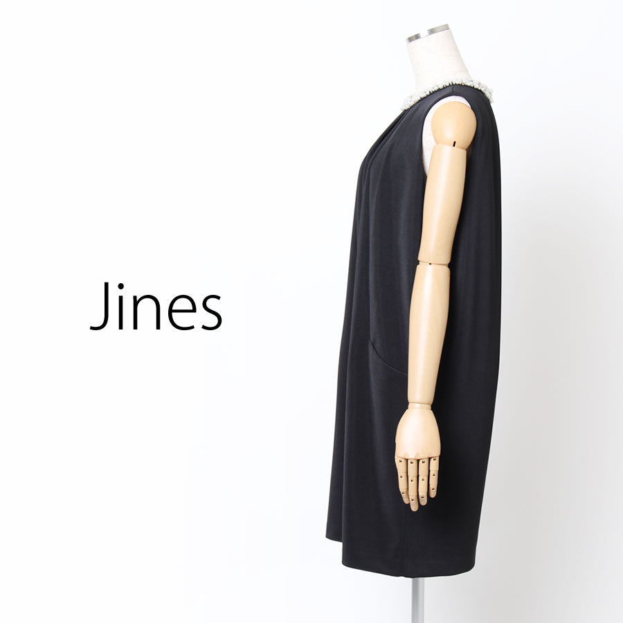 グログランカットソー 襟ビジュードレス(Mサイズ/ブラック/Jines(ジネス))USED