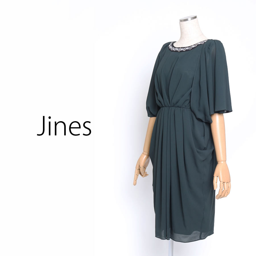 衿ぐり ビジュー ケープ風袖2WAYドレス (Mサイズ/グリーン/Jines(ジネス))USED