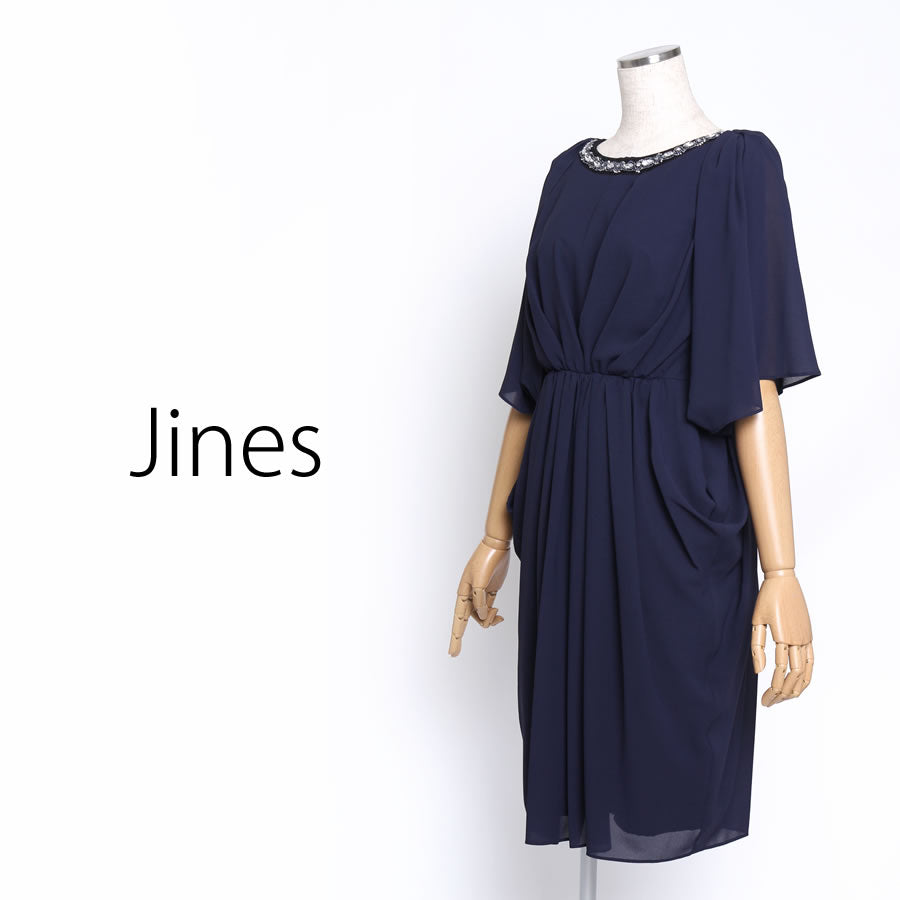 衿ぐり ビジュー ケープ風袖2WAYドレス (Mサイズ/ネイビー/Jines(ジネス))USED