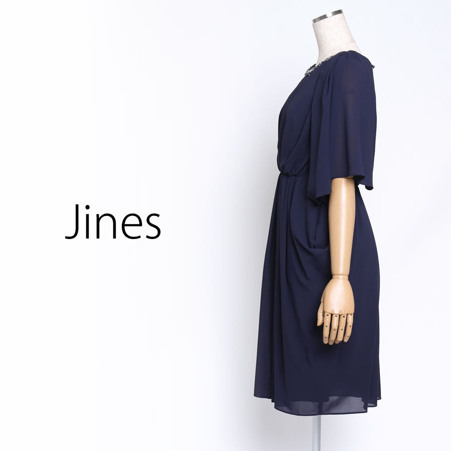 衿ぐり ビジュー ケープ風袖2WAYドレス (Mサイズ/ネイビー/Jines(ジネス))USED