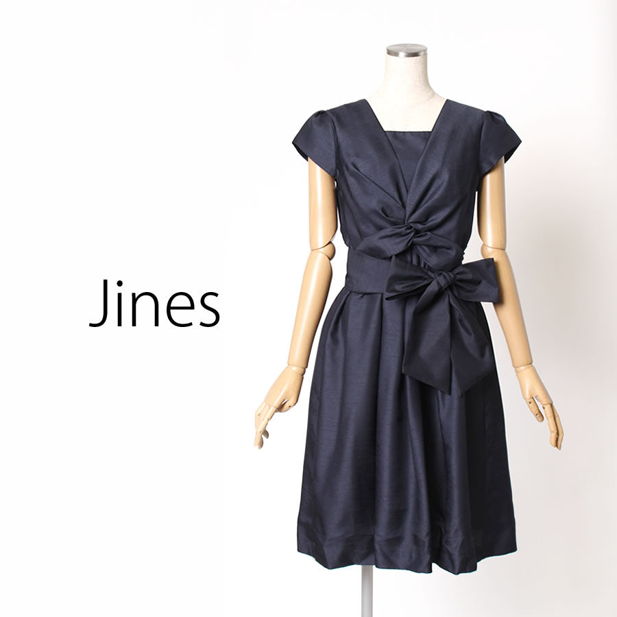 シャンタン バルーン変化 リボンベルト付き 裾2WAY ドレス(Mサイズ/ネイビー/Jines(ジネス))USED