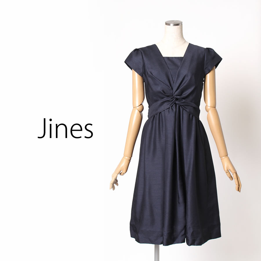 シャンタン バルーン変化 リボンベルト付き 裾2WAY ドレス(Mサイズ/ネイビー/Jines(ジネス))USED