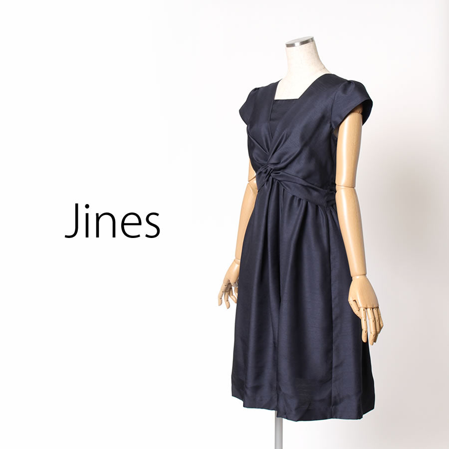 シャンタン バルーン変化 リボンベルト付き 裾2WAY ドレス(Mサイズ/ネイビー/Jines(ジネス))USED