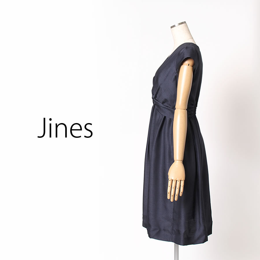 シャンタン バルーン変化 リボンベルト付き 裾2WAY ドレス(Mサイズ/ネイビー/Jines(ジネス))USED