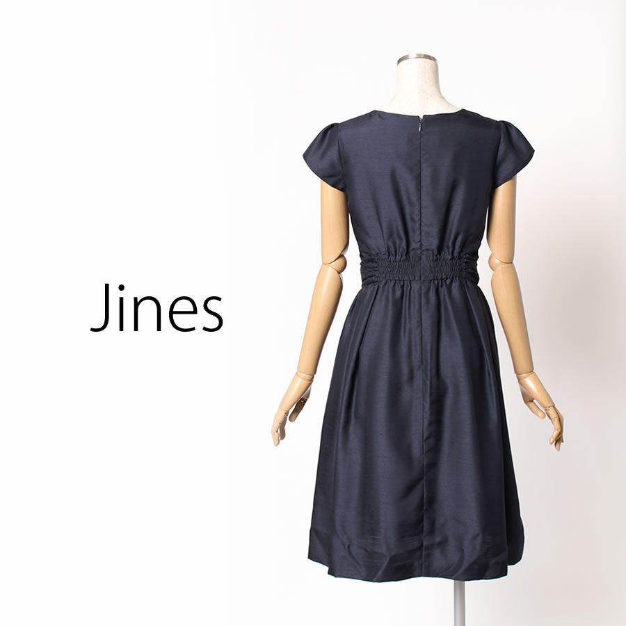 シャンタン バルーン変化 リボンベルト付き 裾2WAY ドレス(Mサイズ/ネイビー/Jines(ジネス))USED