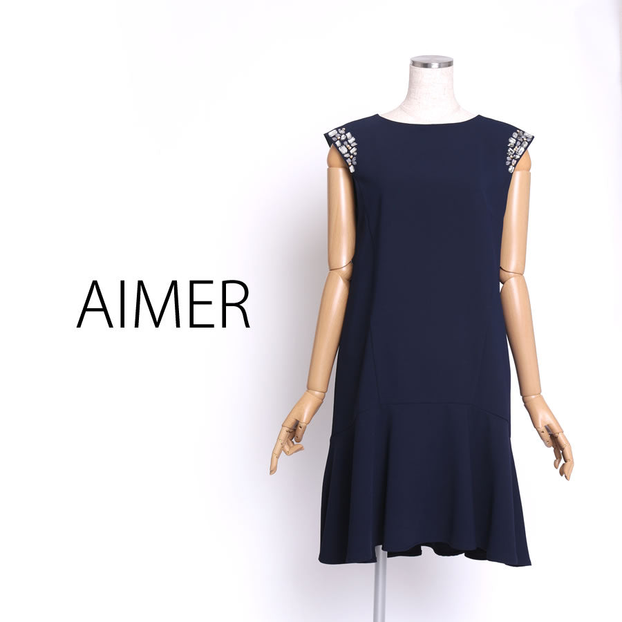 ビジュースリーブ Aラインワンピース(Mサイズ/ネイビー/AIMER(エメ))USED