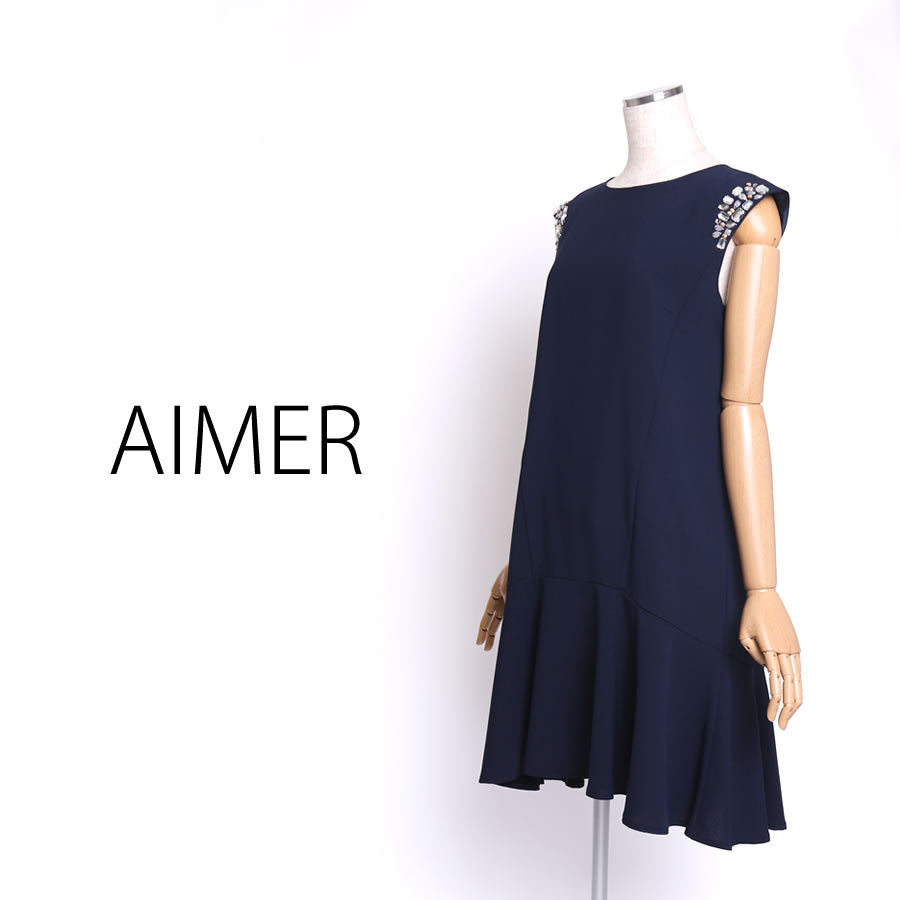 ビジュースリーブ Aラインワンピース(Mサイズ/ネイビー/AIMER(エメ))USED