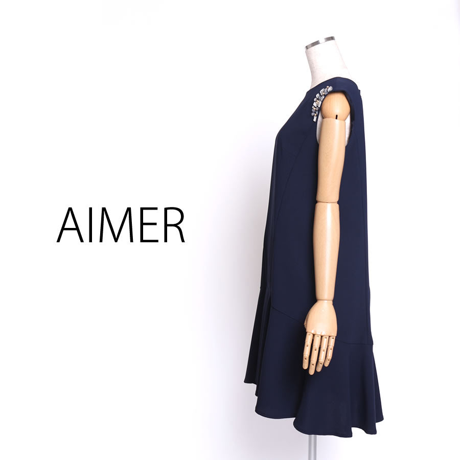 ビジュースリーブ Aラインワンピース(Mサイズ/ネイビー/AIMER(エメ))USED