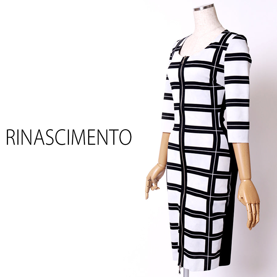ブロックチェック モチーフフルジップCネックカットオフドレス(XSサイズ/ホワイト/RINASCIMENTO(リナシメント))USED