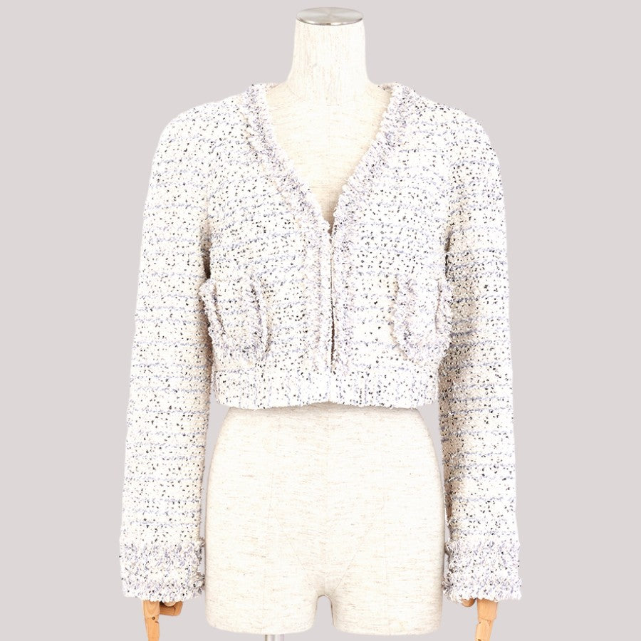 ファンシーツイード ノーカラー ジャケット ショート丈(Lサイズ/ホワイト/TO BE CHIC(トゥービーシック))USED