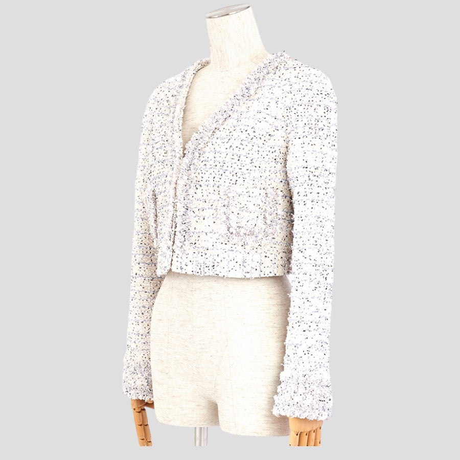 ファンシーツイード ノーカラー ジャケット ショート丈(Lサイズ/ホワイト/TO BE CHIC(トゥービーシック))USED