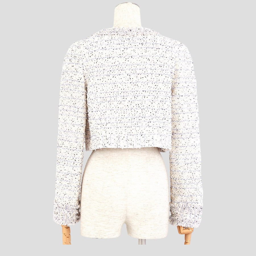 ファンシーツイード ノーカラー ジャケット ショート丈(Lサイズ/ホワイト/TO BE CHIC(トゥービーシック))USED