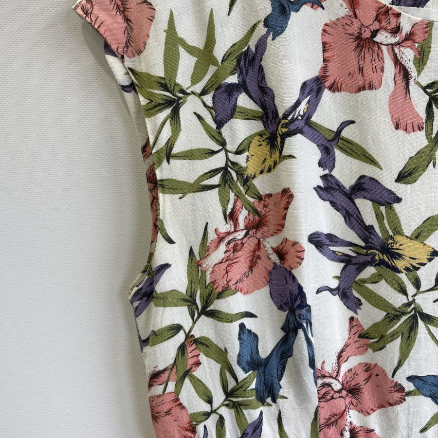 麻混フラワープリントワンピース(Mサイズ/ホワイト/Verseau(ヴェルソー))USED