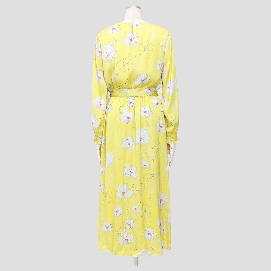 サテンフラワーVネックワンピース(Mサイズ/イエロー/LOULOU WILLOUGHBY(ルル・ウィルビー))USED
