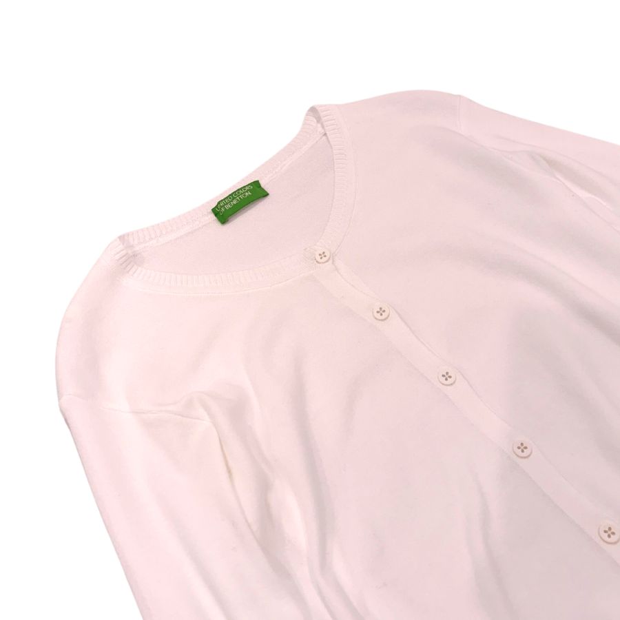 コットンクルーネックニットカーディガン(Mサイズ/ホワイト/BENETTON(ベネトン))USED