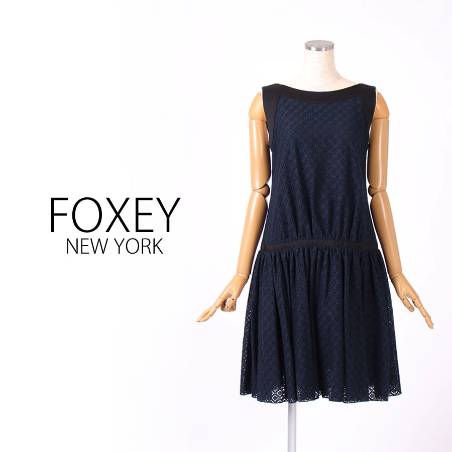 ノースリーブ?レース?ギャザー?ワンピース(Mサイズ/ネイビー/FOXEY(フォクシー))
