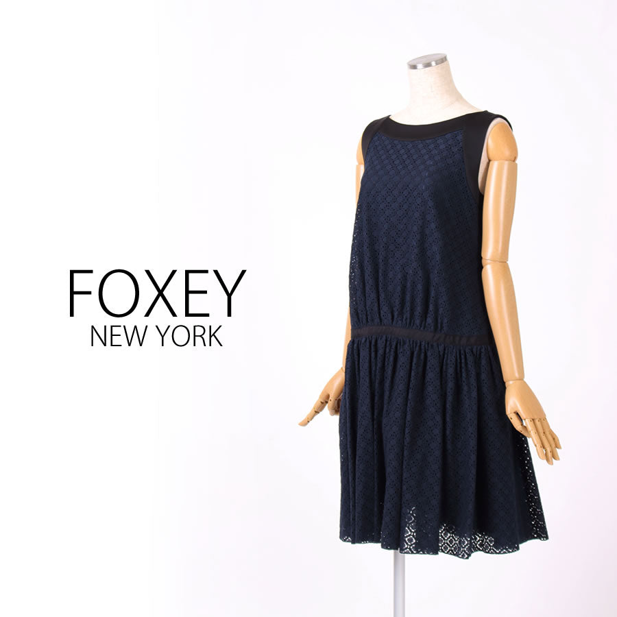 ノースリーブ?レース?ギャザー?ワンピース(Mサイズ/ネイビー/FOXEY(フォクシー))