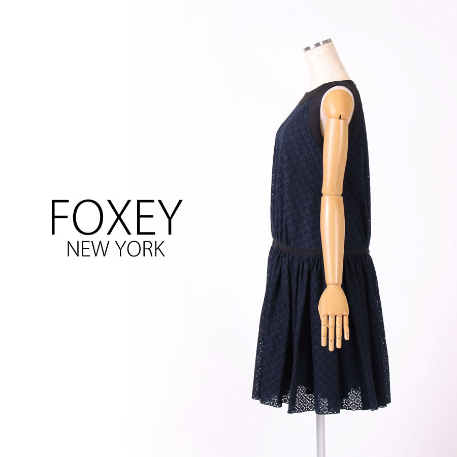 ノースリーブ?レース?ギャザー?ワンピース(Mサイズ/ネイビー/FOXEY(フォクシー))