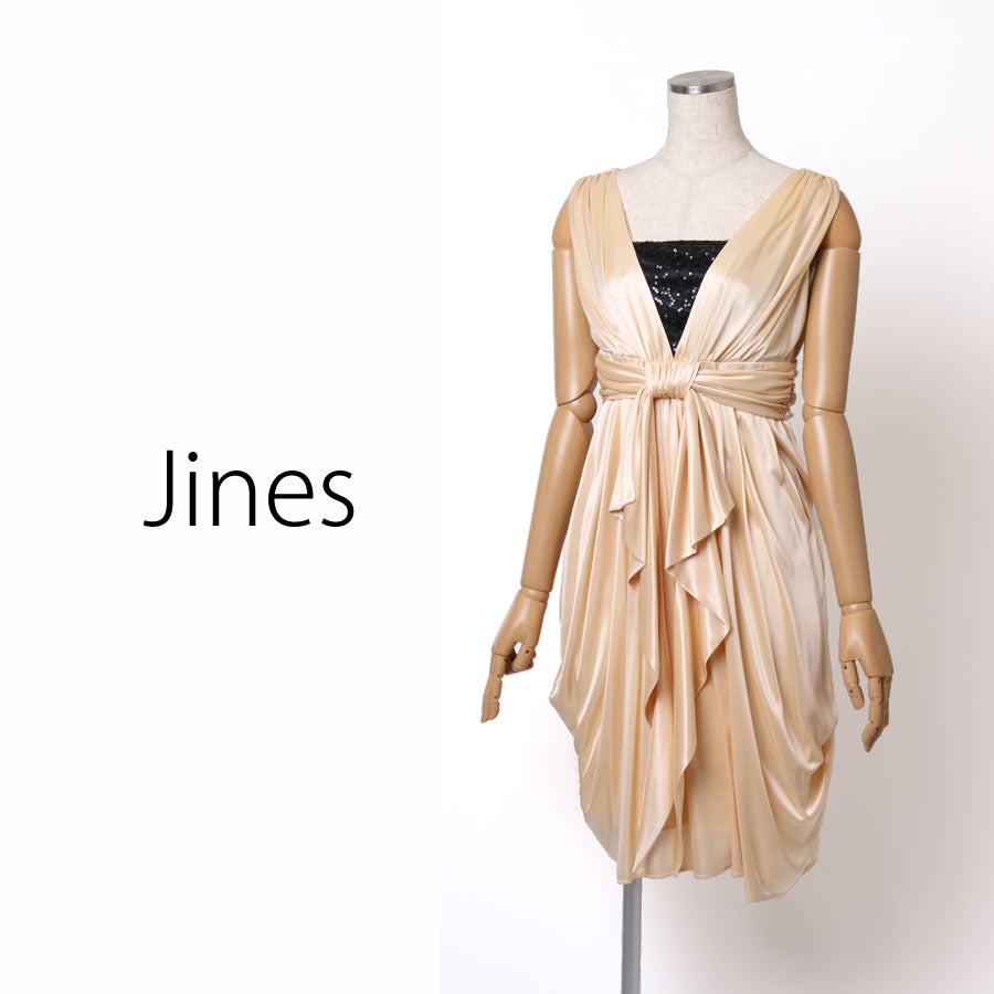 サテンジャージ ウエストギャザー ドレス(Mサイズ/ベージュ/Jines(ジネス))USED