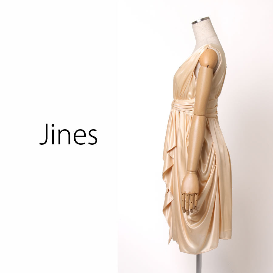 サテンジャージ ウエストギャザー ドレス(Mサイズ/ベージュ/Jines(ジネス))USED