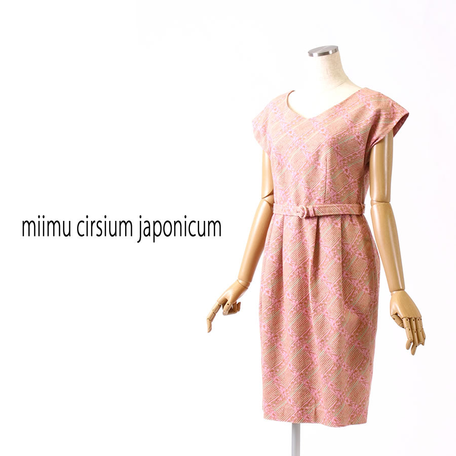 Vネック フレンチスリーブ ワンピース(Mサイズ/ピンク/miimu cirsium japonicum(ミイム サーシアム ジャポ二カム))USED