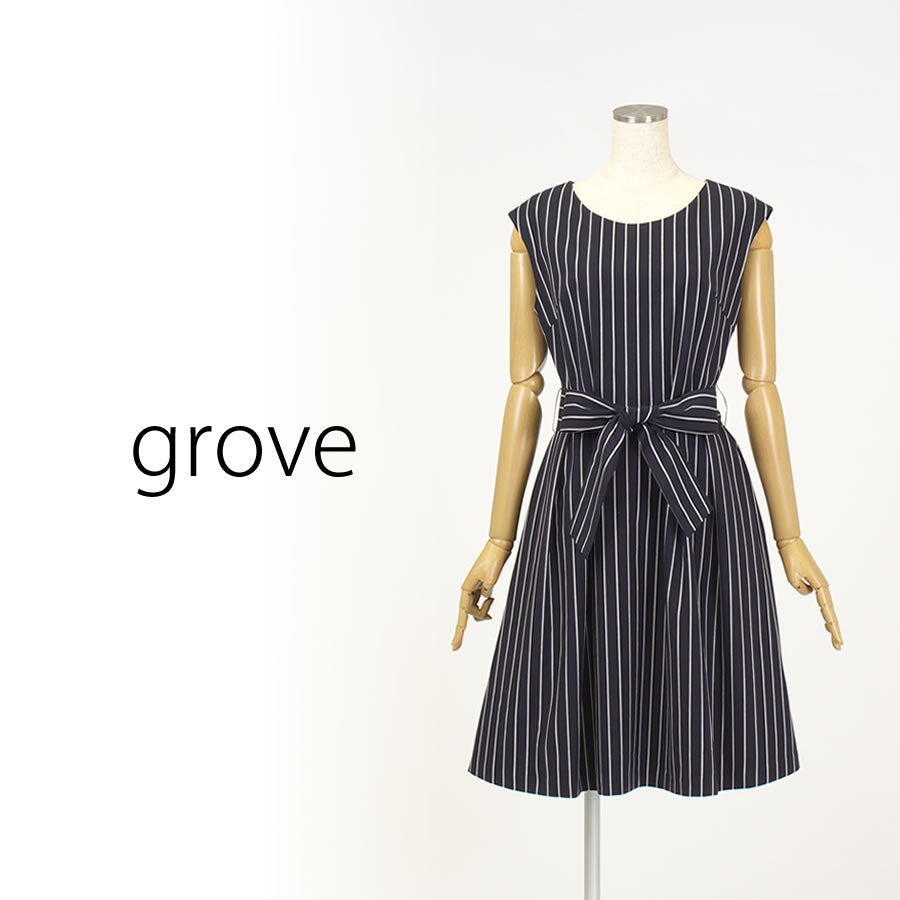 ストライプフレアワンピース (Lサイズ/ネイビー/grove(グローブ))USED