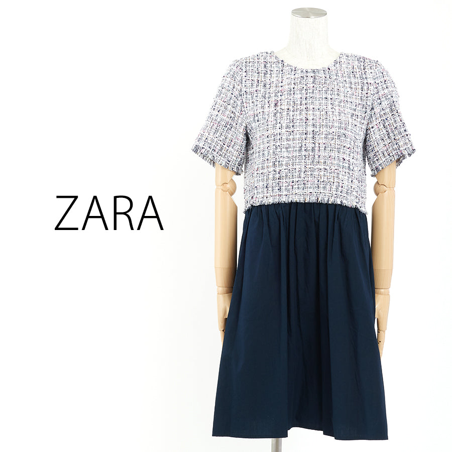 コントラストツイードワンピース(Mサイズ/ネイビー/ZARA(ザラ))USED