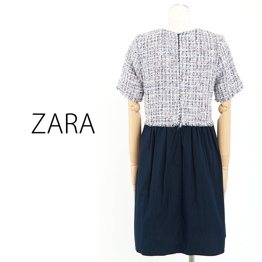 コントラストツイードワンピース(Mサイズ/ネイビー/ZARA(ザラ))USED