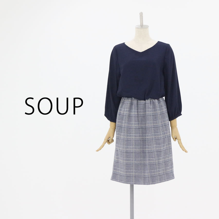 ラメ チェック 切り替え ワンピース(Lサイズ/ネイビー/SOUP(スープ))USED