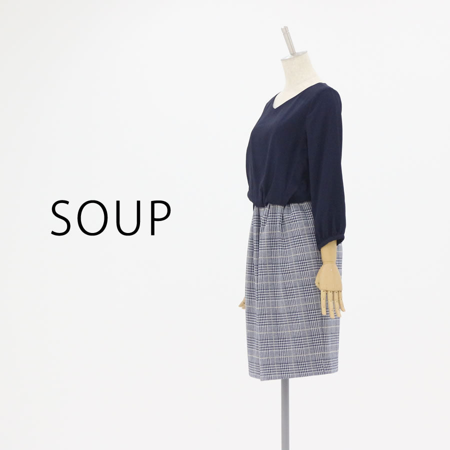 ラメ チェック 切り替え ワンピース(Lサイズ/ネイビー/SOUP(スープ))USED