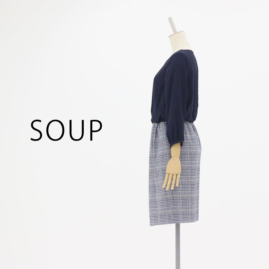 ラメ チェック 切り替え ワンピース(Lサイズ/ネイビー/SOUP(スープ))USED