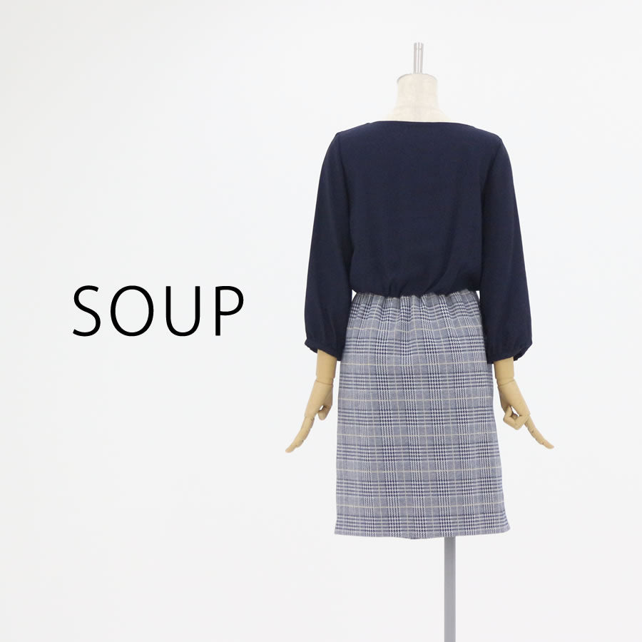 ラメ チェック 切り替え ワンピース(Lサイズ/ネイビー/SOUP(スープ))USED