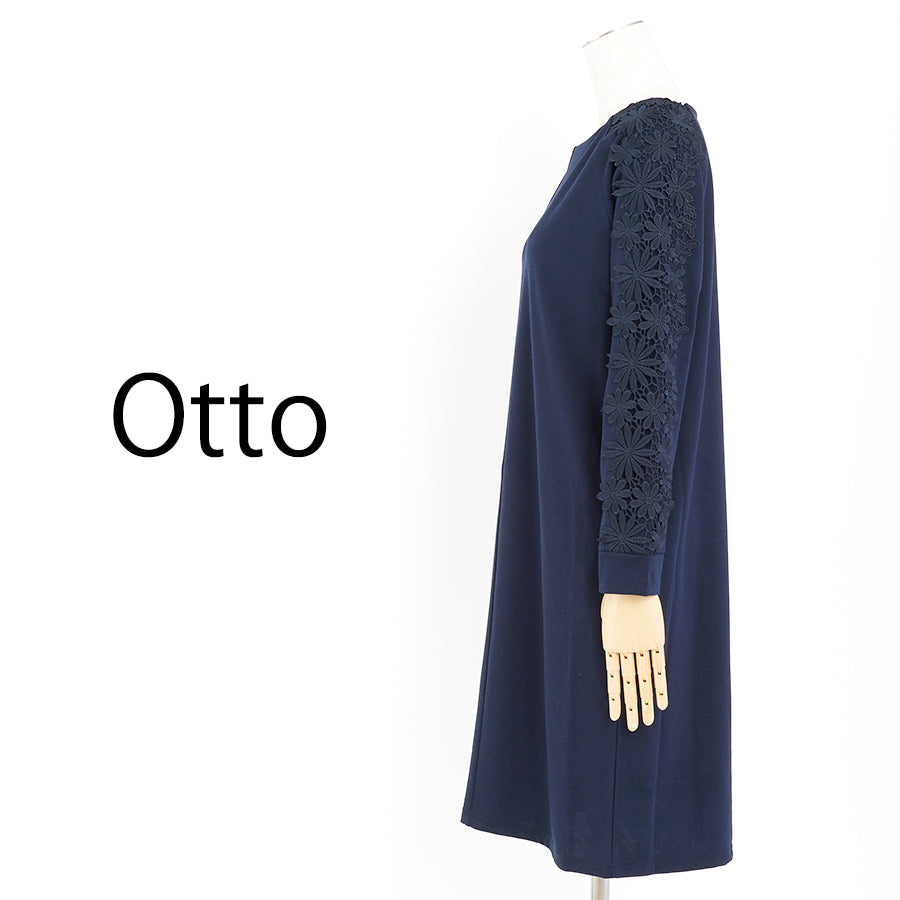 袖レースサックワンピース(XLサイズ/ネイビー/Otto(オットー))USED