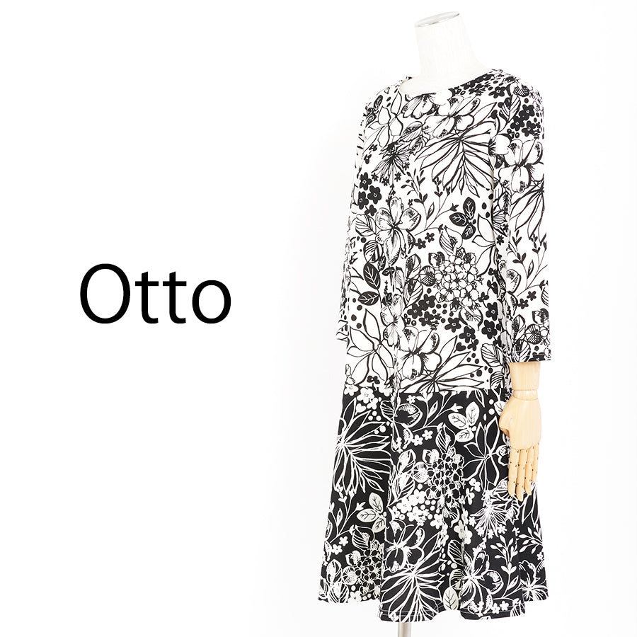 フラワープリント切替えジャージーワンピース(Mサイズ/ホワイト/Otto(オットー))USED
