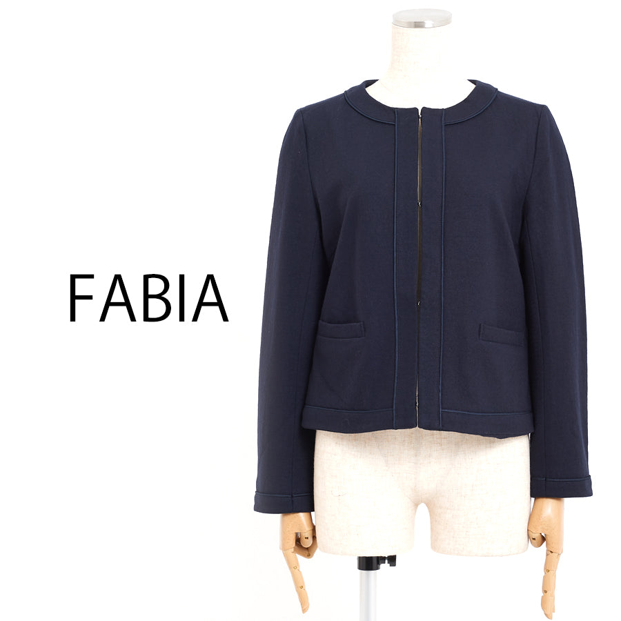 圧縮ウールノーカラージャケット(Lサイズ/ネイビー/FABIA(ファビア))USED