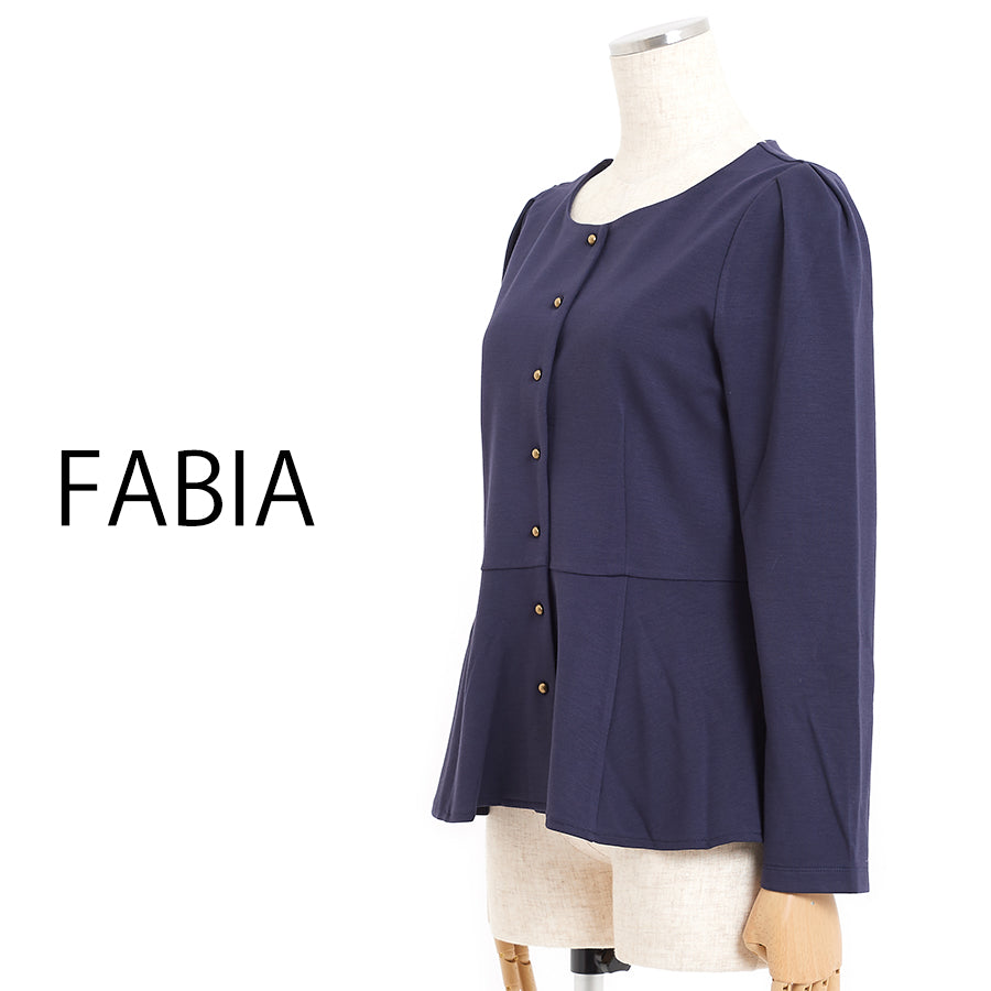 ペプラムジャージーノーカラージャケット(Lサイズ/ネイビー/FABIA(ファビア))USED