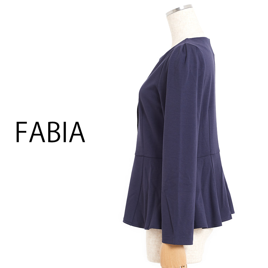 ペプラムジャージーノーカラージャケット(Lサイズ/ネイビー/FABIA(ファビア))USED