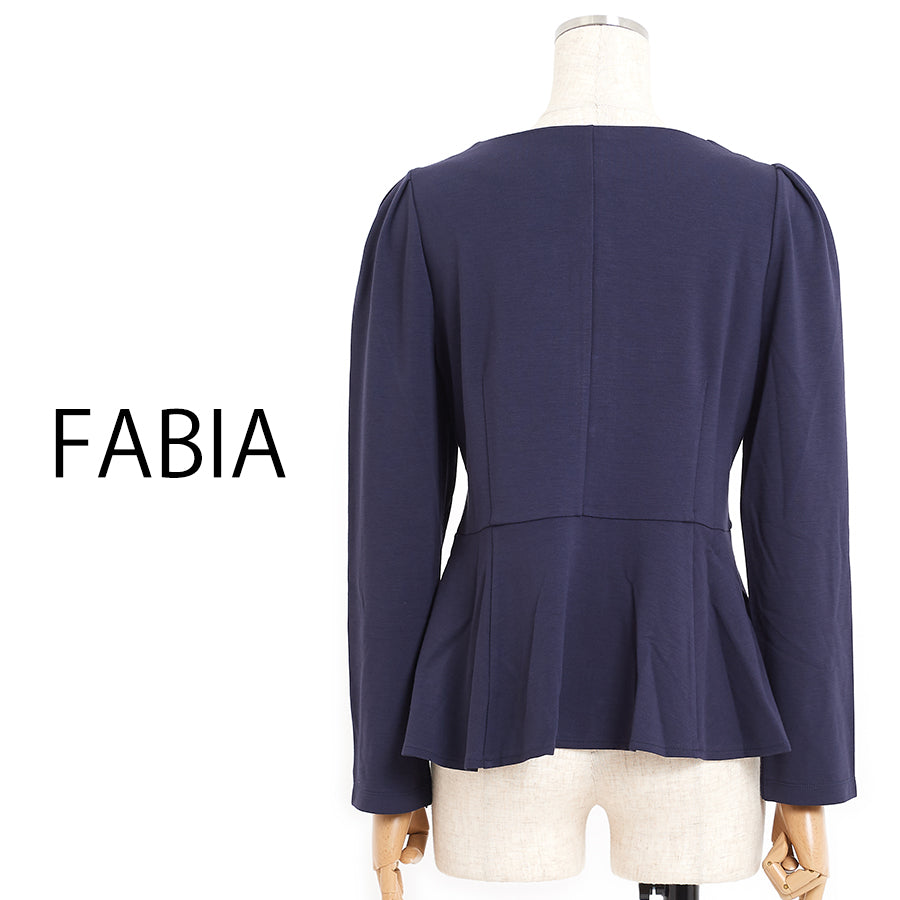 ペプラムジャージーノーカラージャケット(Lサイズ/ネイビー/FABIA(ファビア))USED