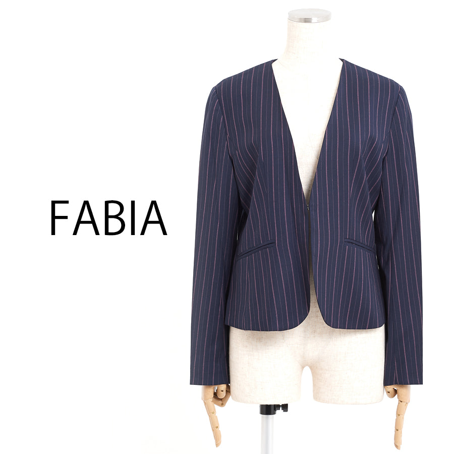 ストライプノーカラージャケット(Mサイズ/ネイビー/FABIA(ファビア))USED