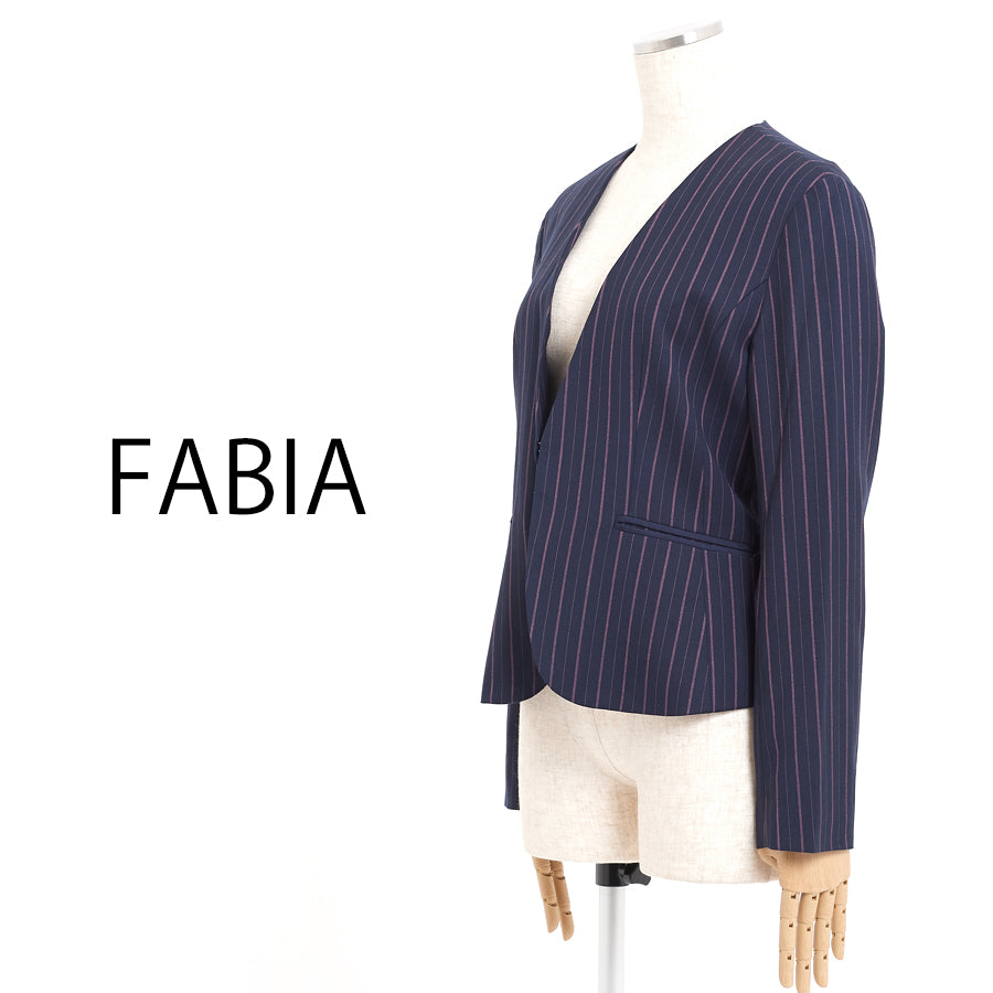 ストライプノーカラージャケット(Mサイズ/ネイビー/FABIA(ファビア))USED