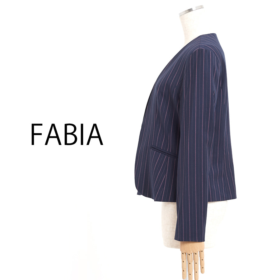 ストライプノーカラージャケット(Mサイズ/ネイビー/FABIA(ファビア))USED