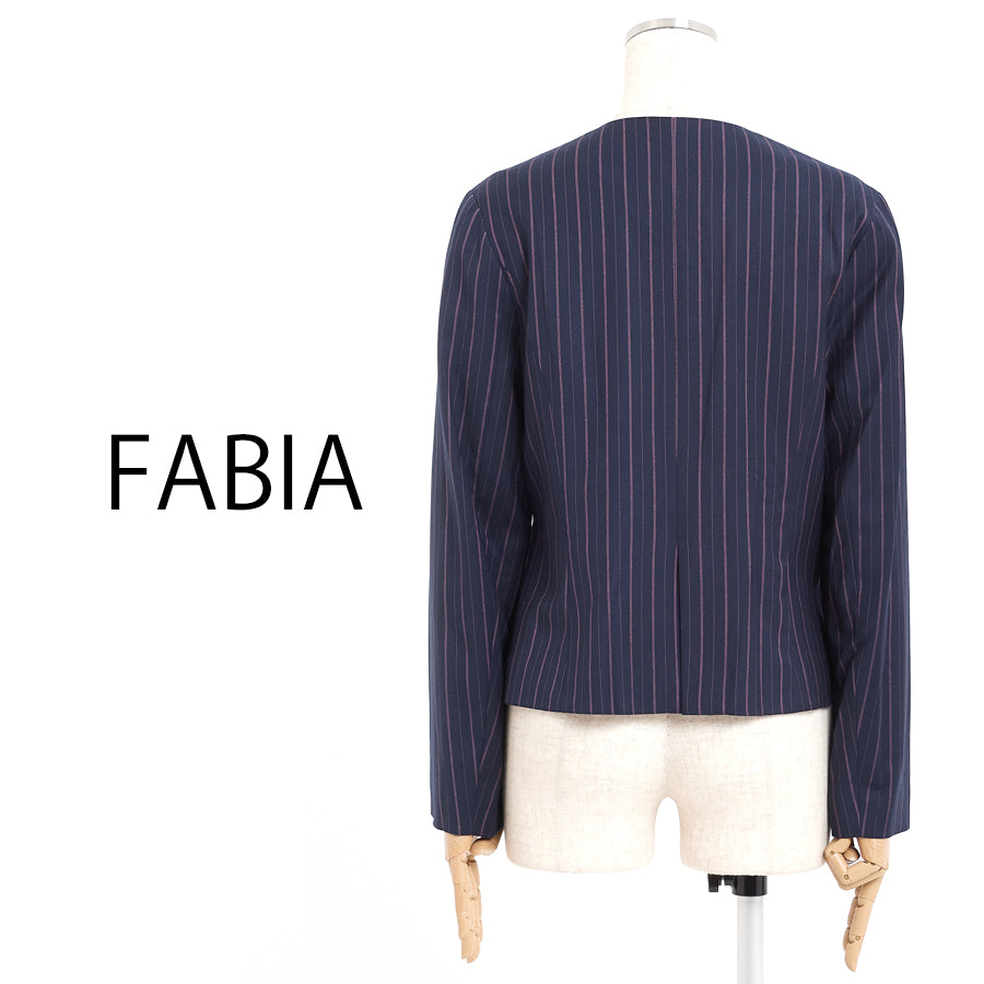 ストライプノーカラージャケット(Mサイズ/ネイビー/FABIA(ファビア))USED