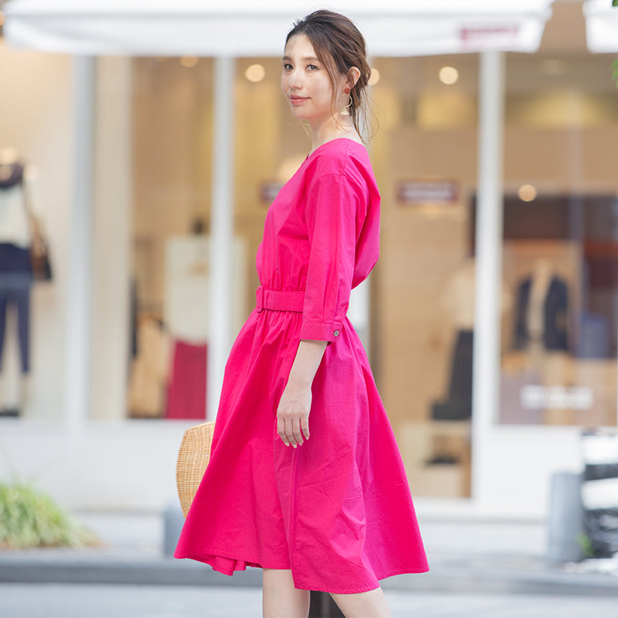 綿タイプライターベルト付きワンピース(Mサイズ/ピンク/PLUSIV(プラッシヴ))USED