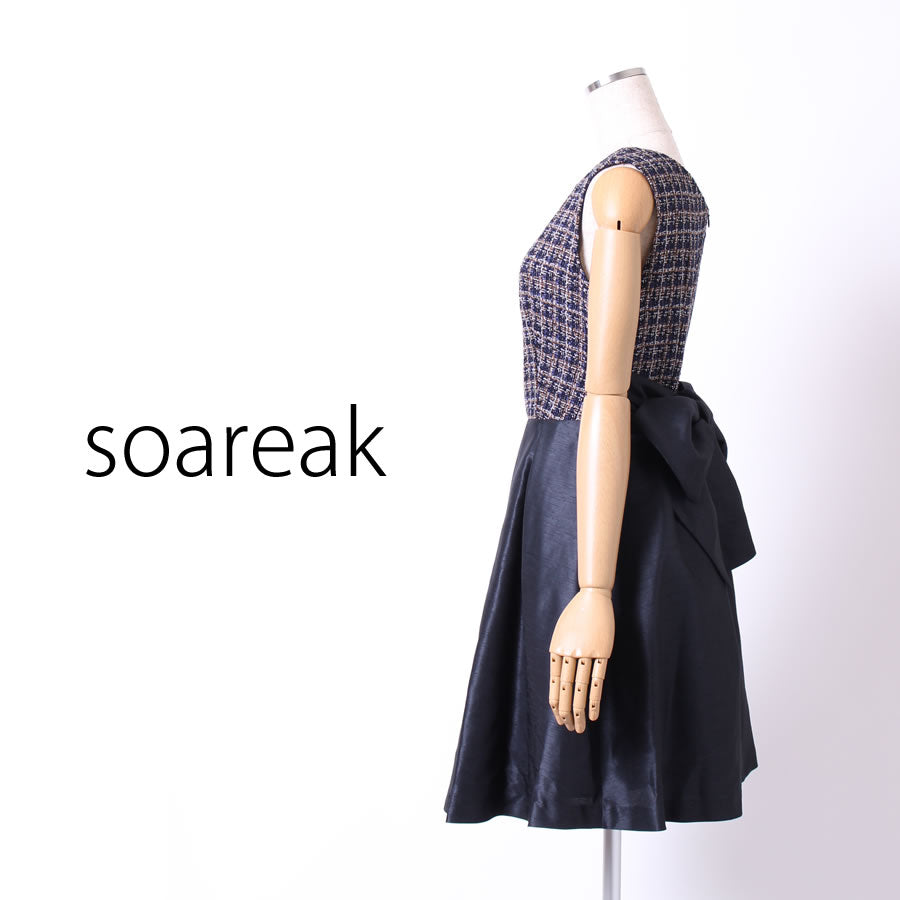 ツイード＆シャンタン フロントリボン ドッキングワンピース(Mサイズ／ネイビー／soareak(ソアリーク)),秋,冬,USED