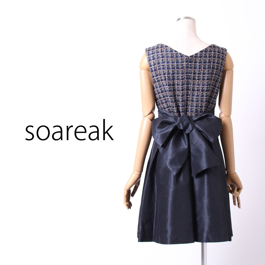 ツイード＆シャンタン フロントリボン ドッキングワンピース(Mサイズ／ネイビー／soareak(ソアリーク)),秋,冬,USED